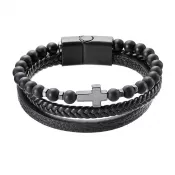 Náramok pánsky koženka a korálky s krížikom 43044.3 čierny
