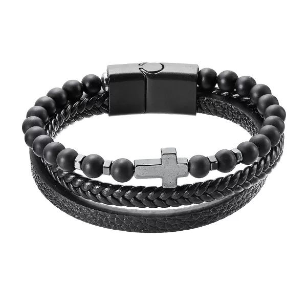 Náramok pánsky koženka a korálky s krížikom 43044.3 čierny