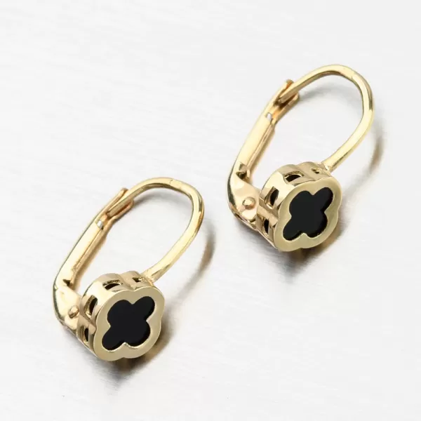 Zlaté náušnice štvorlístky s onyxom PKL22-048
