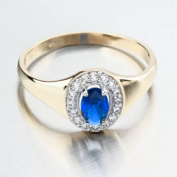 Zlatý prsteň so zafírom a zirkónmi 51GZ-8055-ZL-SAF