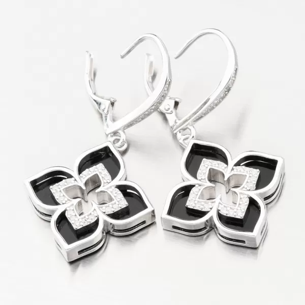 Strieborné náušnice kvety so zirkónmi as onyxom PKL-2197