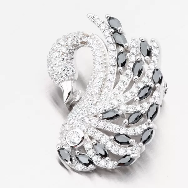 Strieborná brošová labuť s čiernymi zirkonmi PKL-6015