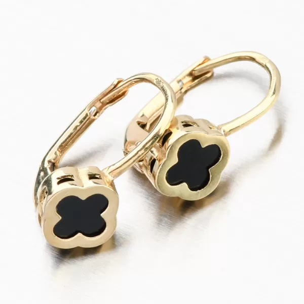 Zlaté náušnice štvorlístky s onyxom PKL22-048