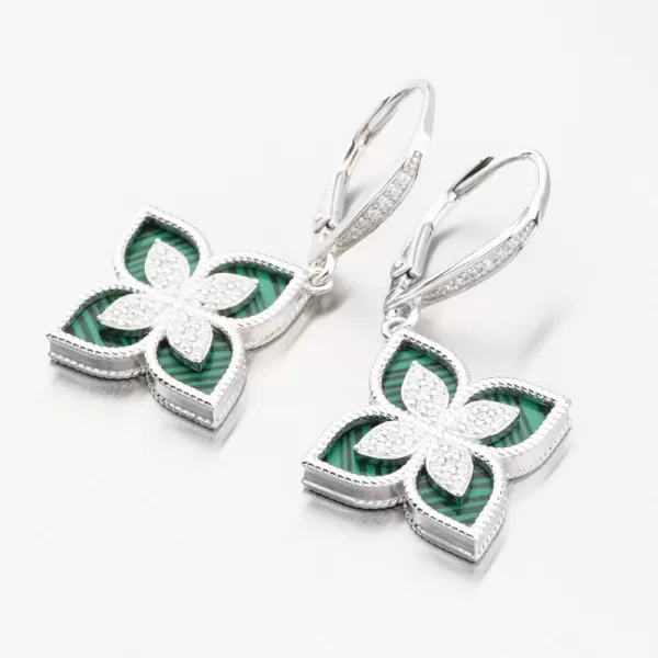 Strieborné náušnice kvety so zirkónmi as malachitom PKL-2173