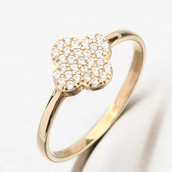 Zlatý prsteň so zirkónmi v tvare štvorlístka 11R-357