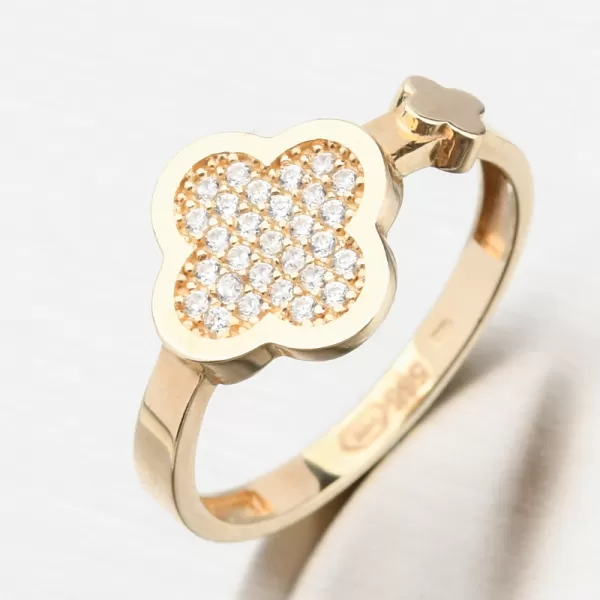 Zlatý prsteň so zirkónmi v tvare štvorlístka 11R-360