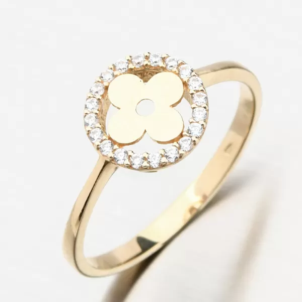 Zlatý prsteň so zirkónmi v tvare štvorlístka 11R-359