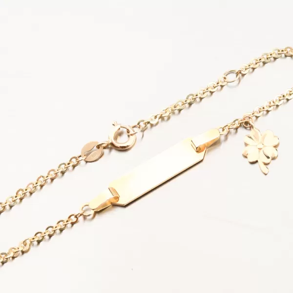 Detský náramok žlté zlato 585 s platničkou a štvorlístkom 144P-141312