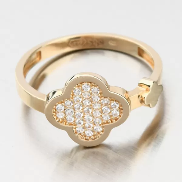 Zlatý prsteň so zirkónmi v tvare štvorlístka 11R-360