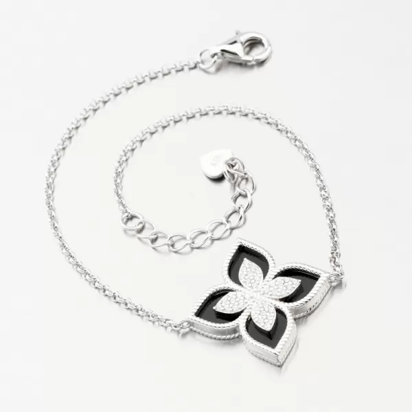 Strieborný náramok s čiernym kvetom a so zirkónmi PKL-4021
