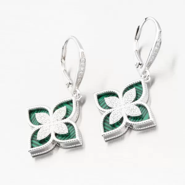 Strieborné náušnice kvety so zirkónmi as malachitom PKL-2173