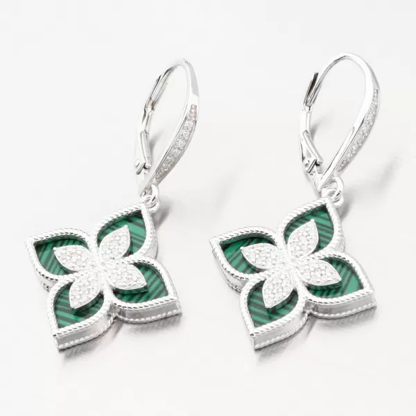 Strieborné náušnice kvety so zirkónmi as malachitom PKL-2173