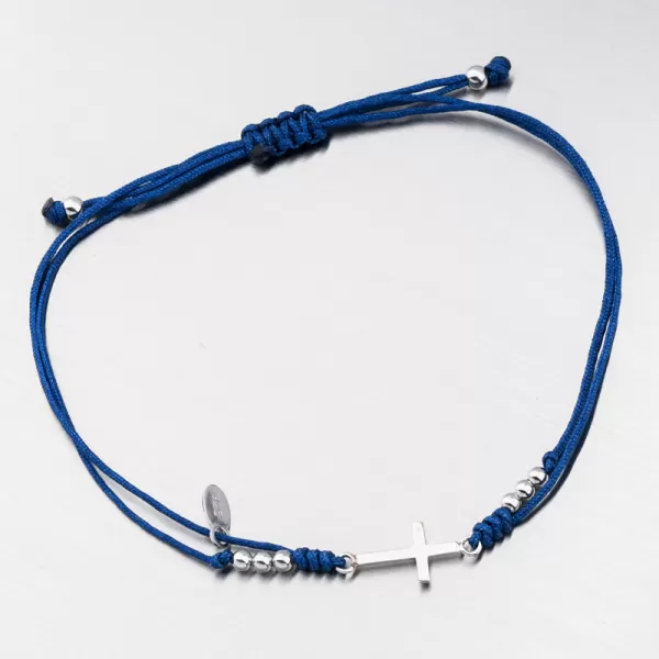 Náramok striebornej šnúry s krížovým BST-14390-modrý
