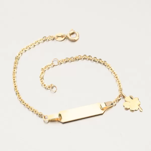 Detský náramok žlté zlato 585 s platničkou a štvorlístkom 144P-141312