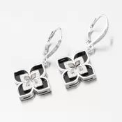 Strieborné náušnice kvety so zirkónmi as onyxom PKL-2197