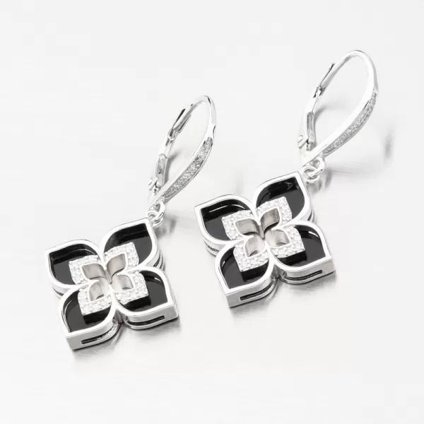Strieborné náušnice kvety so zirkónmi as onyxom PKL-2197