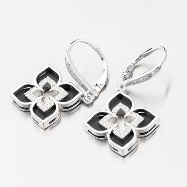 Strieborné náušnice kvety so zirkónmi as onyxom PKL-2197