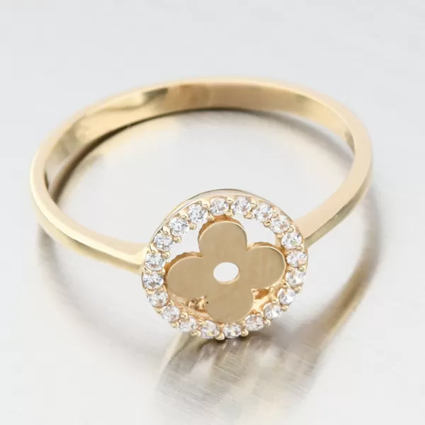 Zlatý prsteň so zirkónmi v tvare štvorlístka 11R-359