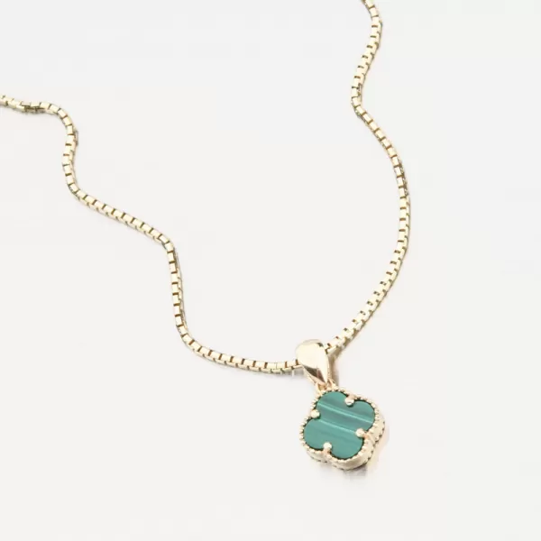 Dámsky prívesok zo žltého zlata 585 so zeleným kameňom malachitový štvorlístok 13R-426