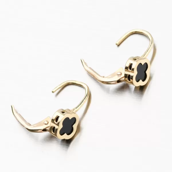 Zlaté náušnice štvorlístky s onyxom PKL22-048